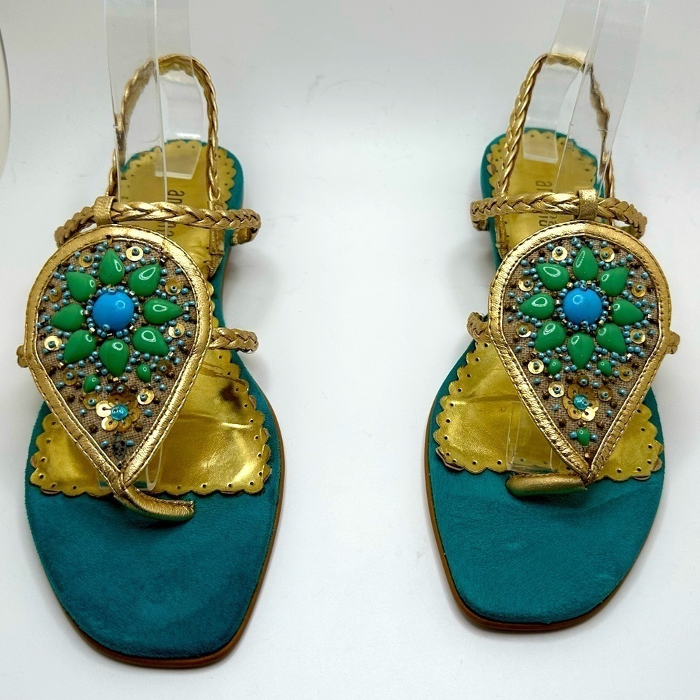 Ann Marino Gold and Teal Embellished Sandals